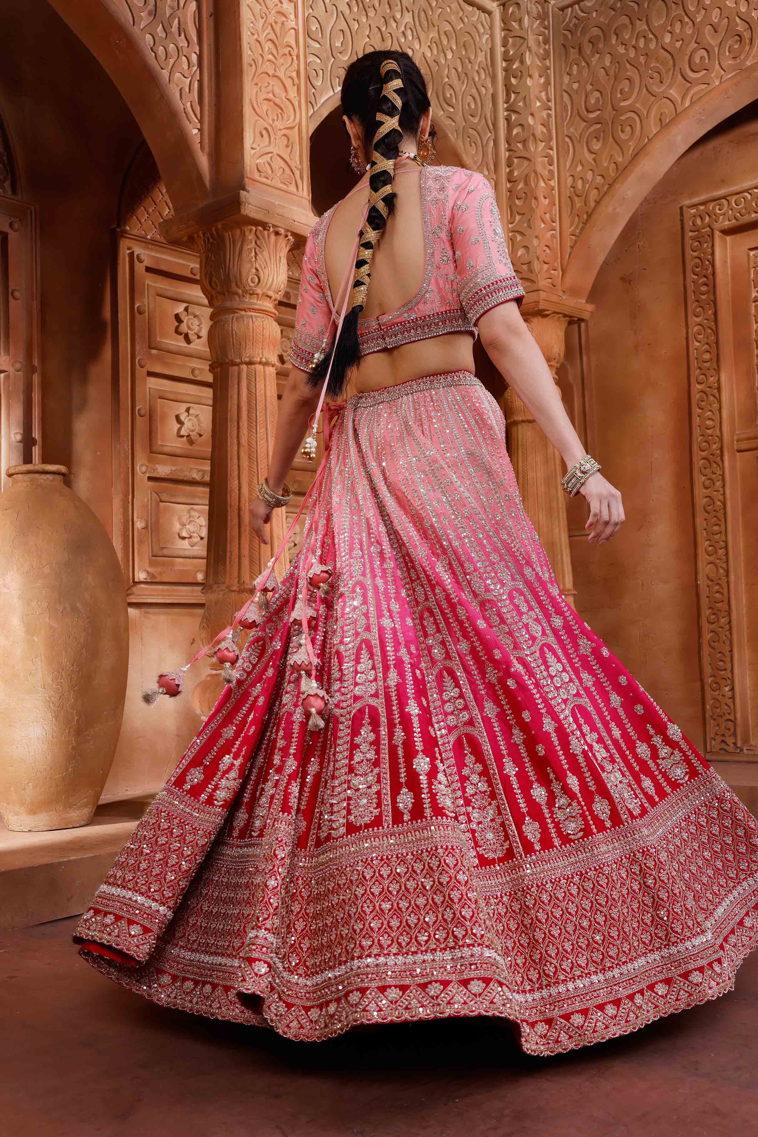 Pink Petals Ombré Bridal Lehenga Set - Image 5