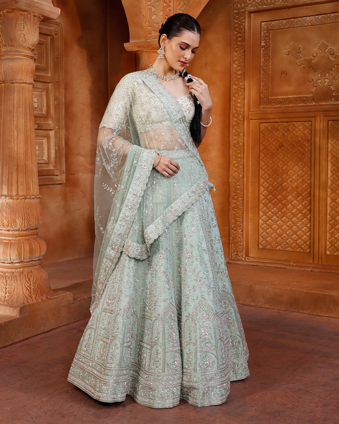 Pistachio Pearl Hand Embroidered Lehenga With Unstitched Blouse Fabric - Image 2