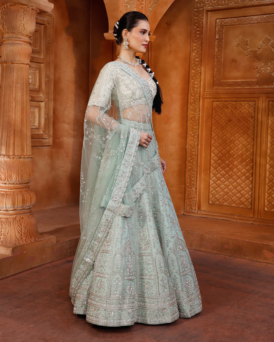 Pistachio Pearl Hand Embroidered Lehenga With Unstitched Blouse Fabric - Image 3
