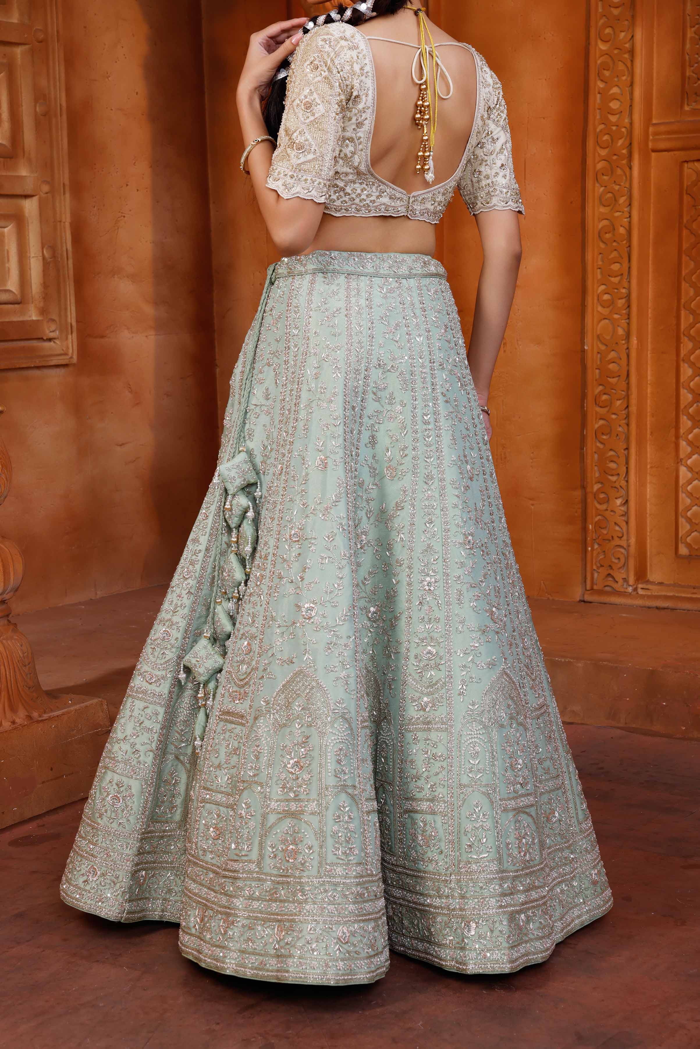 Pistachio Pearl Hand Embroidered Lehenga With Unstitched Blouse Fabric - Image 4