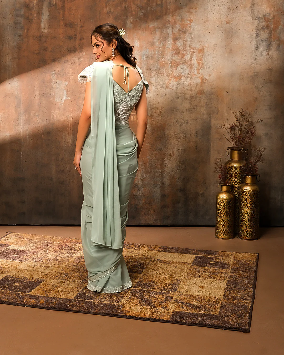 Pistachio Pop Pre-Draped Tissue Silk Saree - Image 5