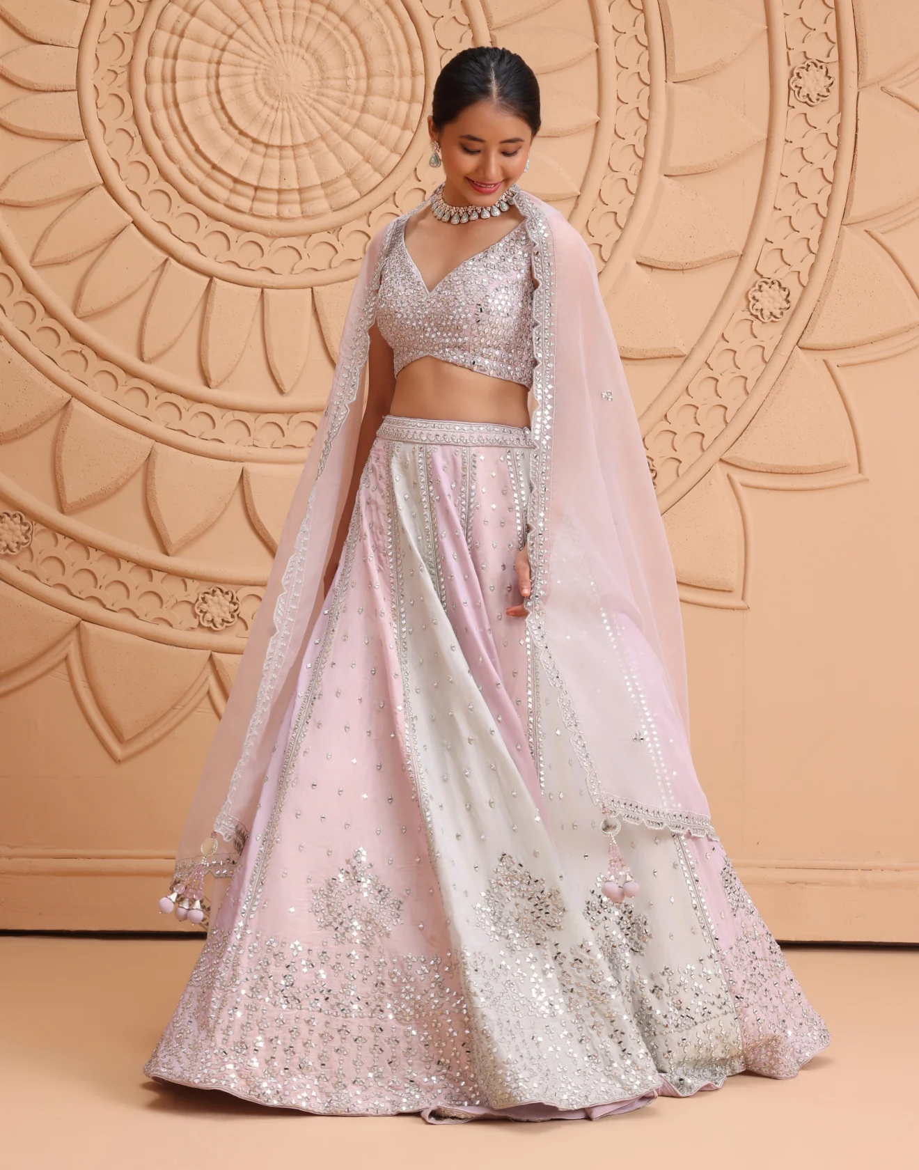 Powder Pink And Candy Green Mirror Embellished Bridal Lehenga Set - Image 2