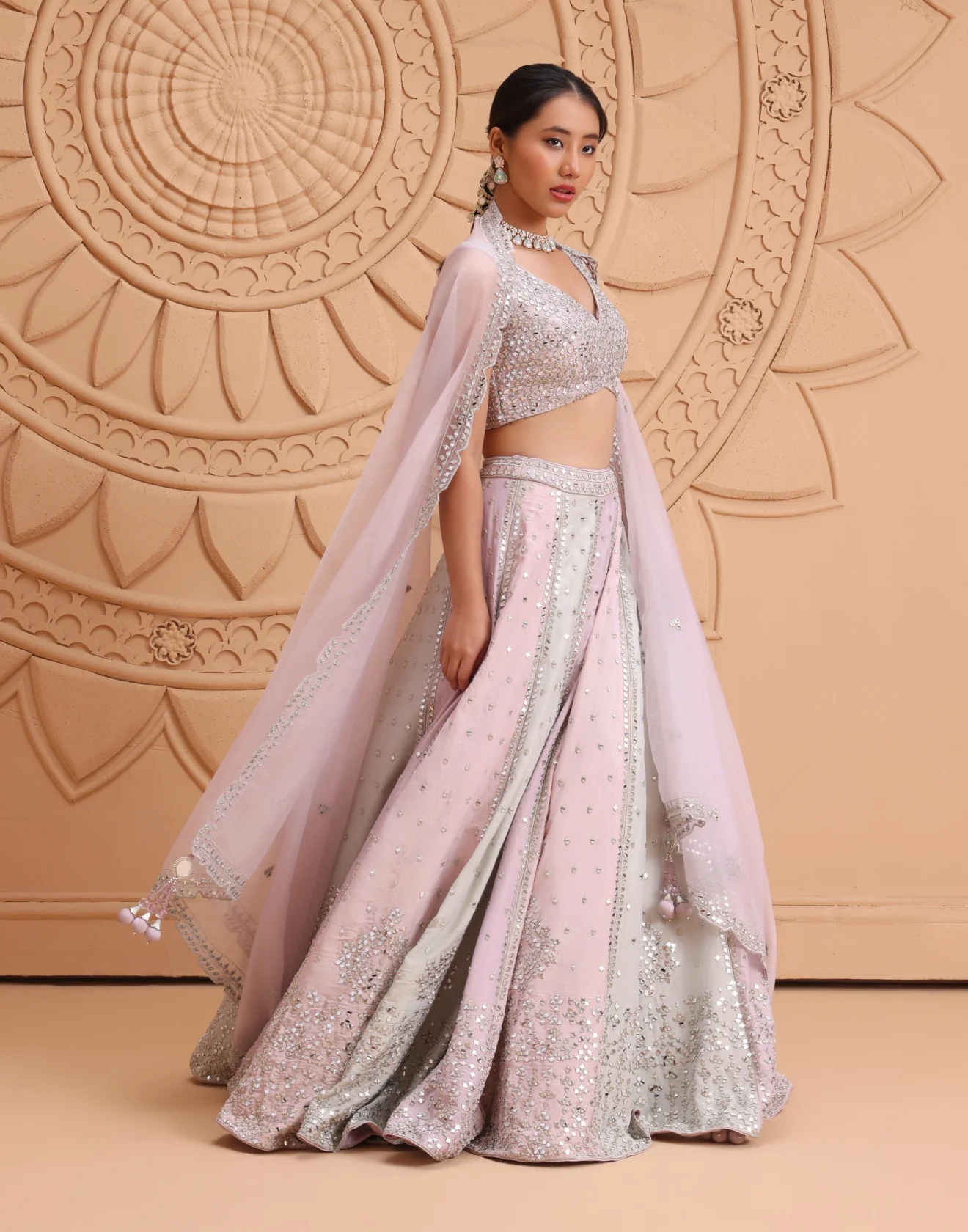 Powder Pink And Candy Green Mirror Embellished Bridal Lehenga Set - Image 3