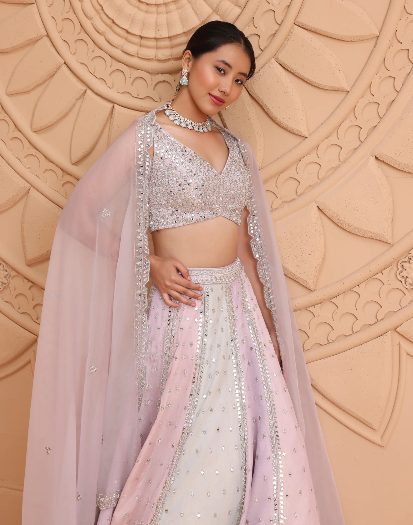 Powder Pink And Candy Green Mirror Embellished Bridal Lehenga Set - Image 4