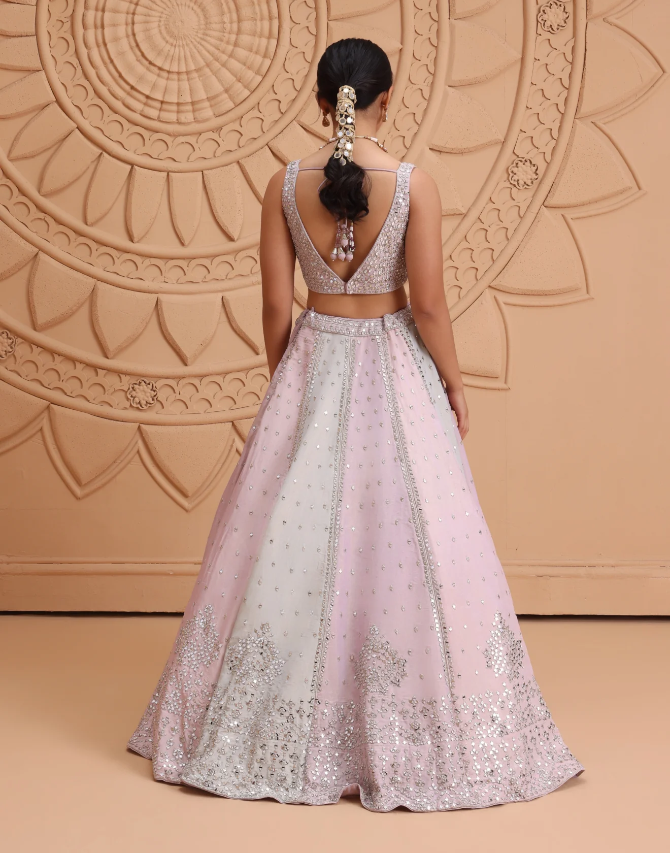 Powder Pink And Candy Green Mirror Embellished Bridal Lehenga Set - Image 5