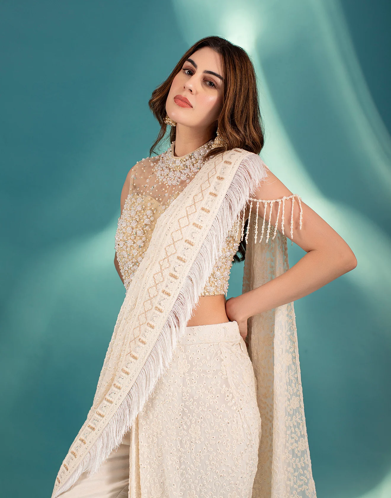 Powder White Lucknowi Pre-stitched Saree - Image 3