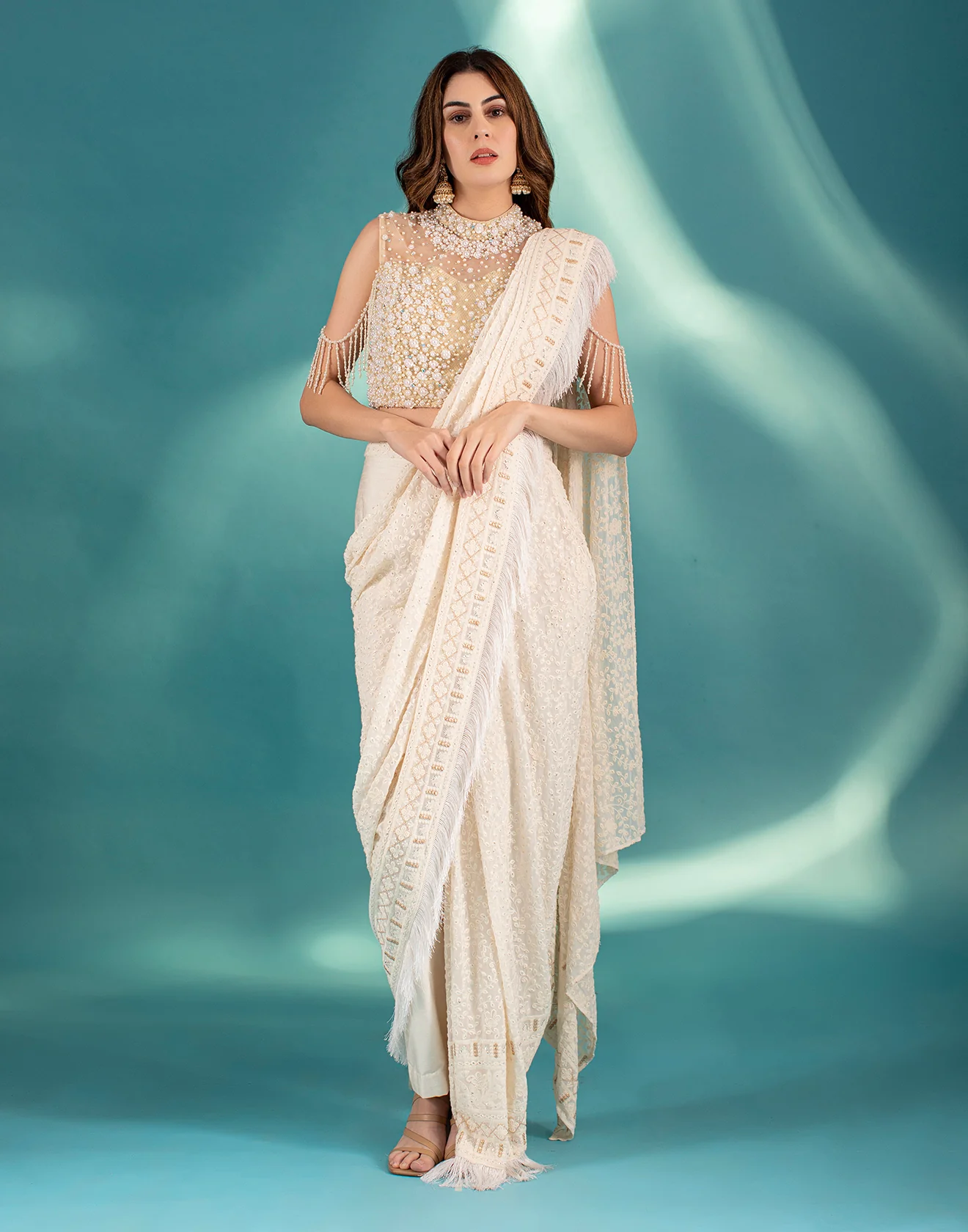 Powder White Lucknowi Pre-stitched Saree - Image 4