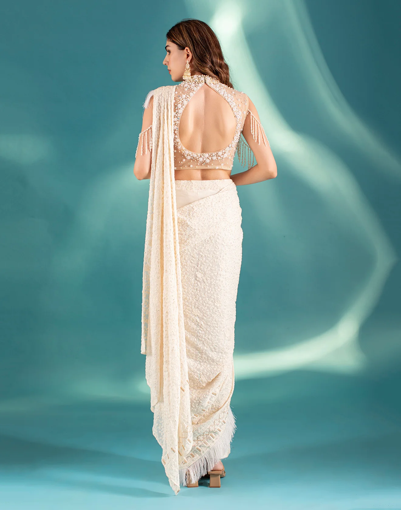 Powder White Lucknowi Pre-stitched Saree - Image 5