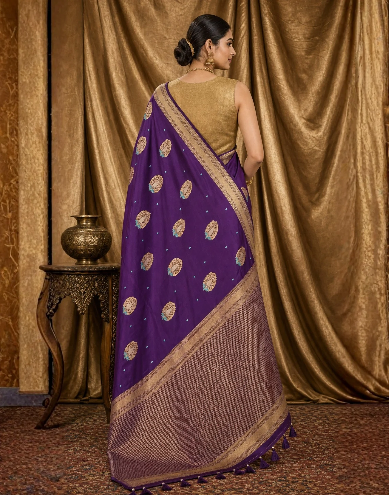 Purple Charm Festive Satin Silk Saree With Kundan Embroidery - Image 3