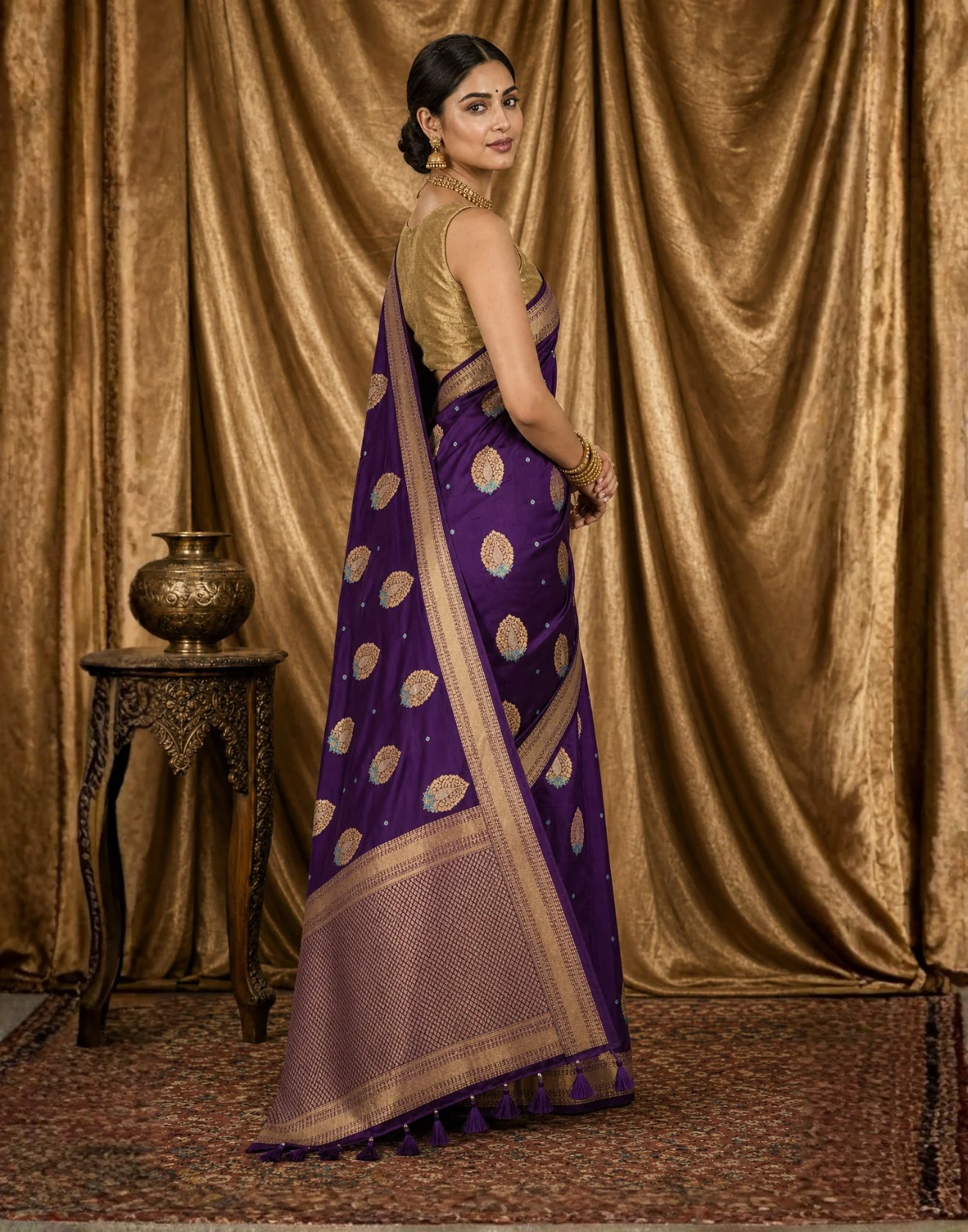 Purple Charm Festive Satin Silk Saree With Kundan Embroidery - Image 4