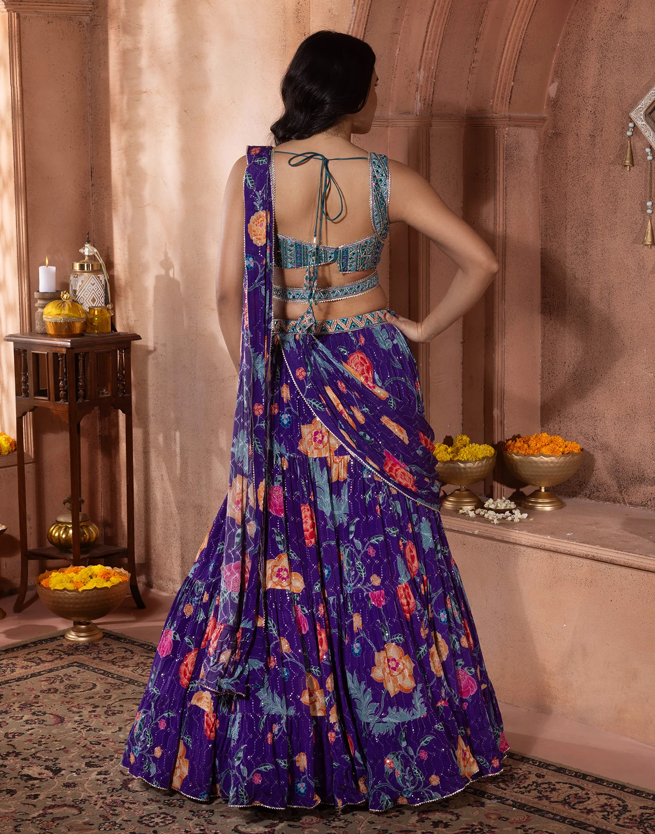 Purple Diva Vibrant Floral Printed Indi-Cocktail Lehenga Set - Image 4