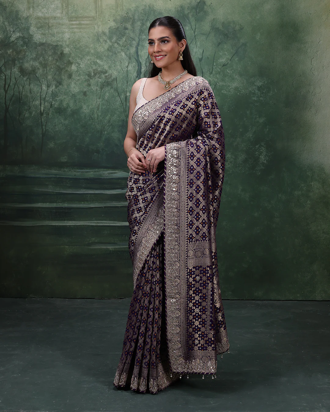 Purple Noor Bandhej Georgette Saree With Unstitched Blouse Fabric - Image 2