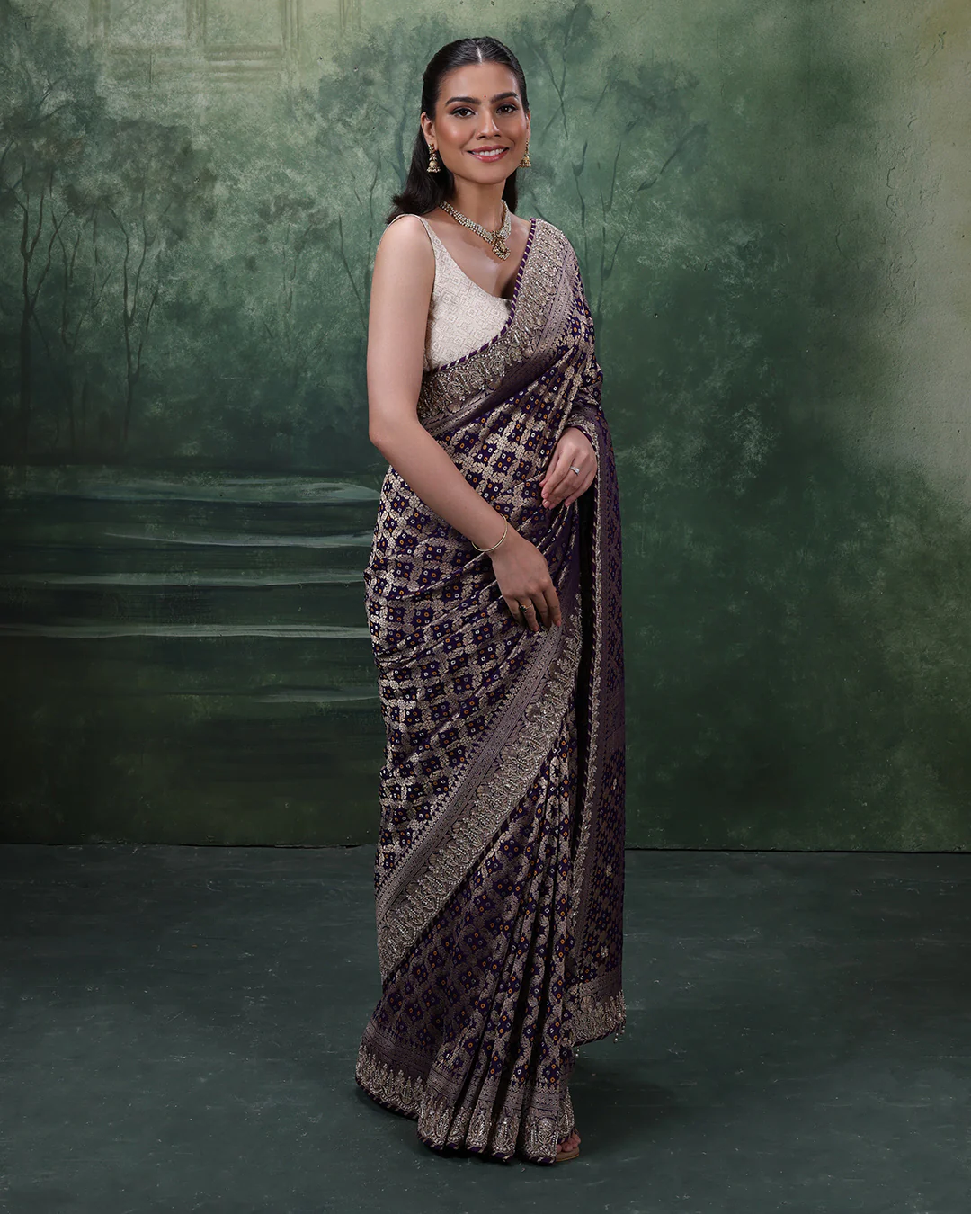 Purple Noor Bandhej Georgette Saree With Unstitched Blouse Fabric - Image 3
