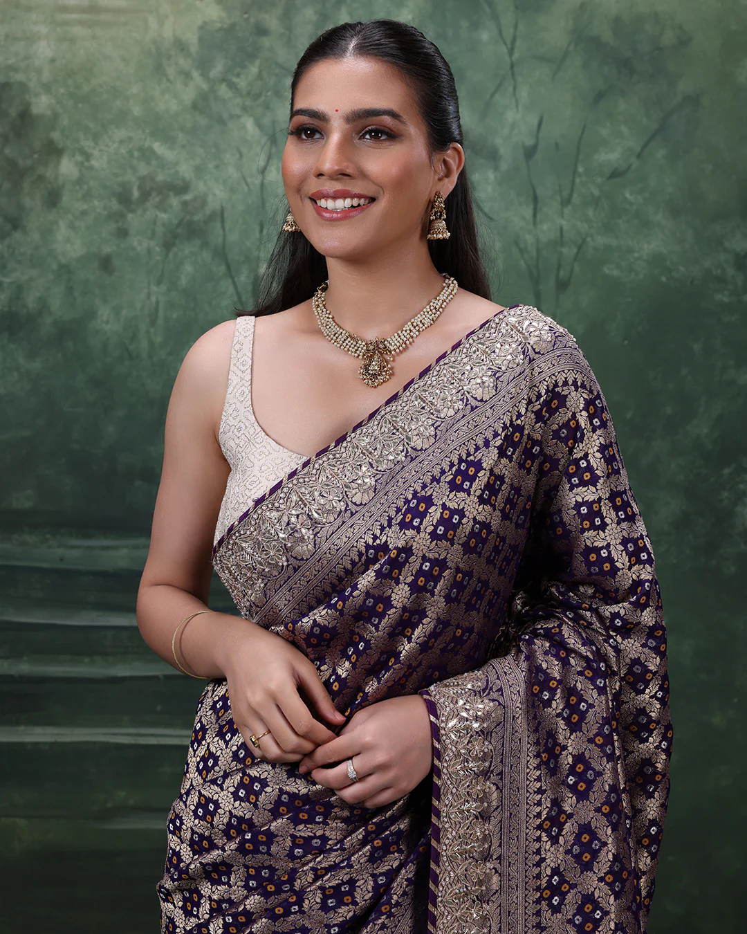 Purple Noor Bandhej Georgette Saree With Unstitched Blouse Fabric - Image 4