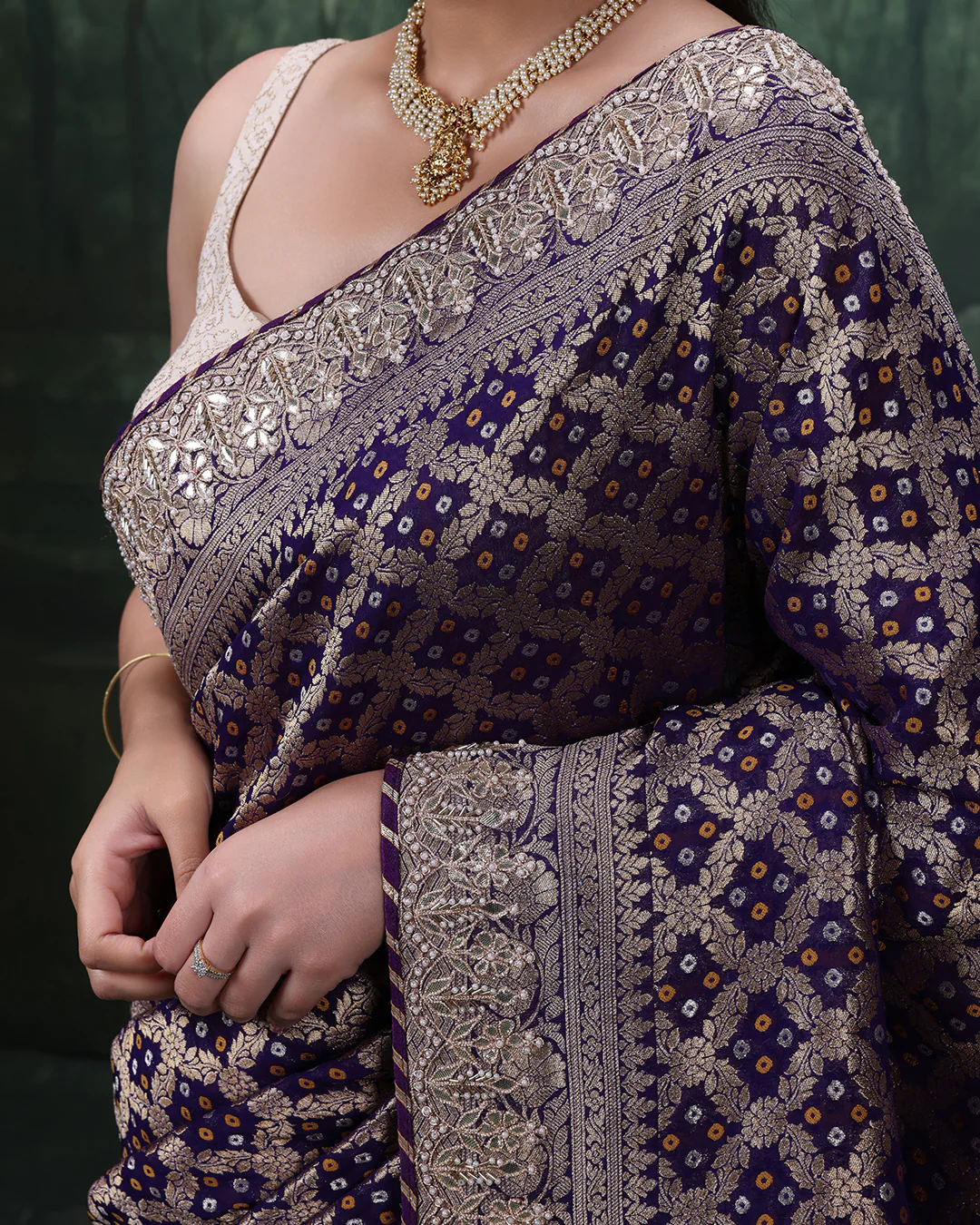 Purple Noor Bandhej Georgette Saree With Unstitched Blouse Fabric - Image 5