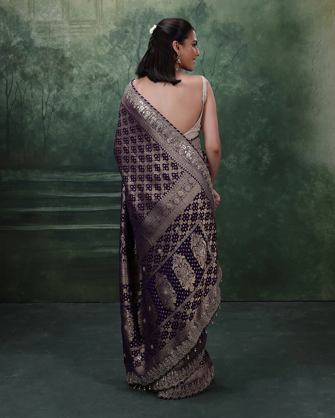 Purple Noor Bandhej Georgette Saree With Unstitched Blouse Fabric - Image 6