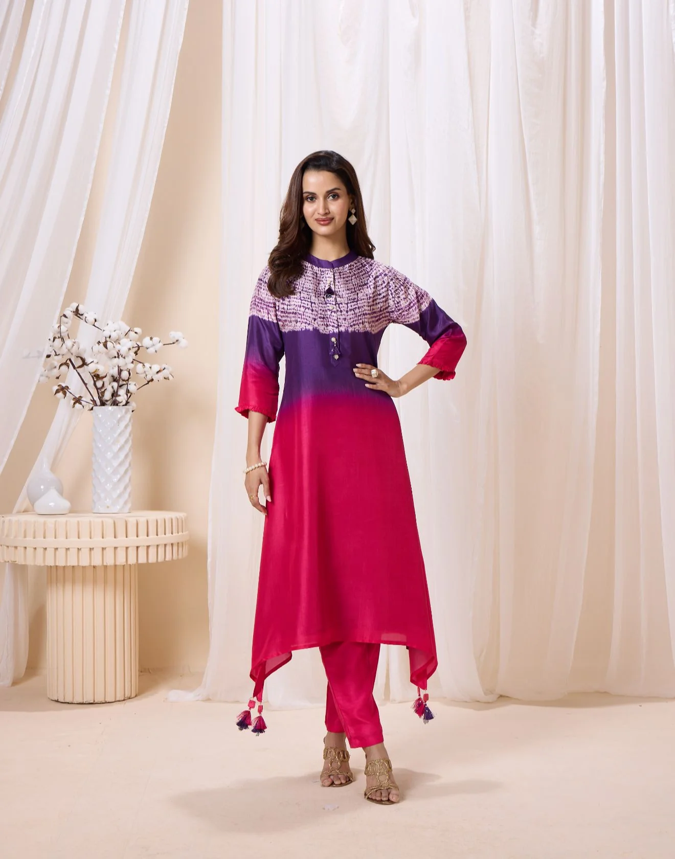 Purple & Pink Ombre Batik Print Kurta Set - Image 2