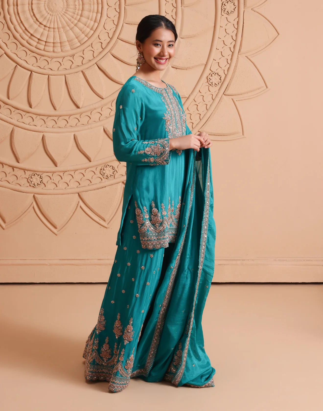 Rama Green Antique Hand Embroidered Festive Palazzo Suit Set