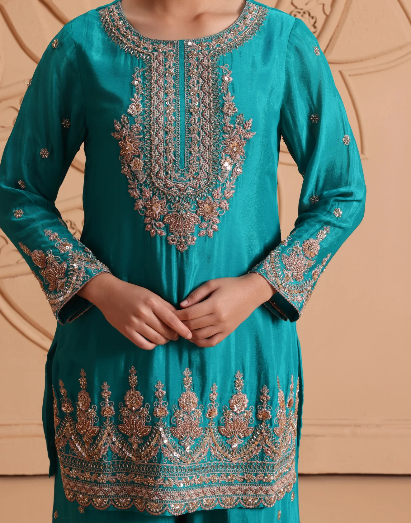 Rama Green Antique Hand Embroidered Festive Palazzo Suit Set - Image 2