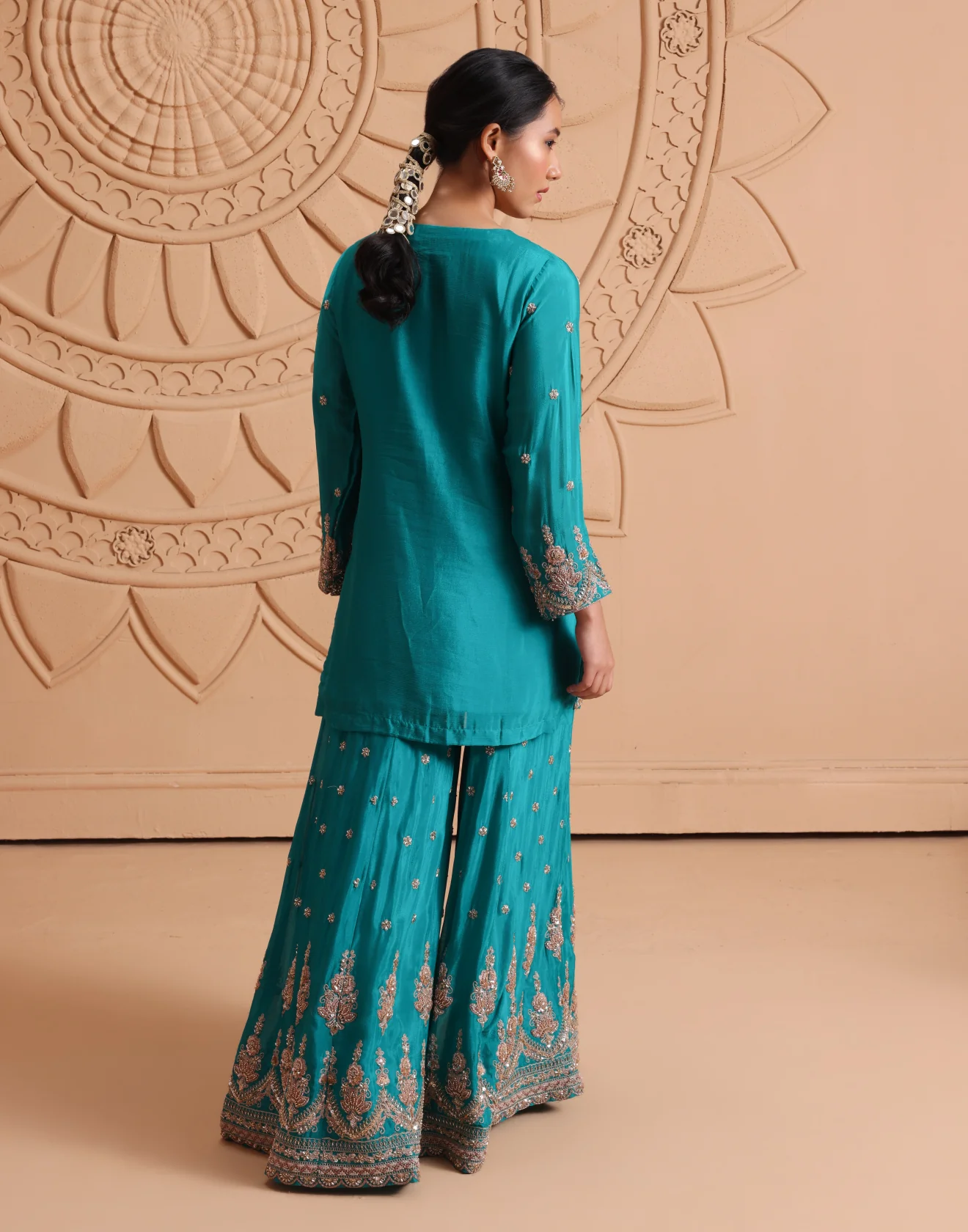 Rama Green Antique Hand Embroidered Festive Palazzo Suit Set - Image 3