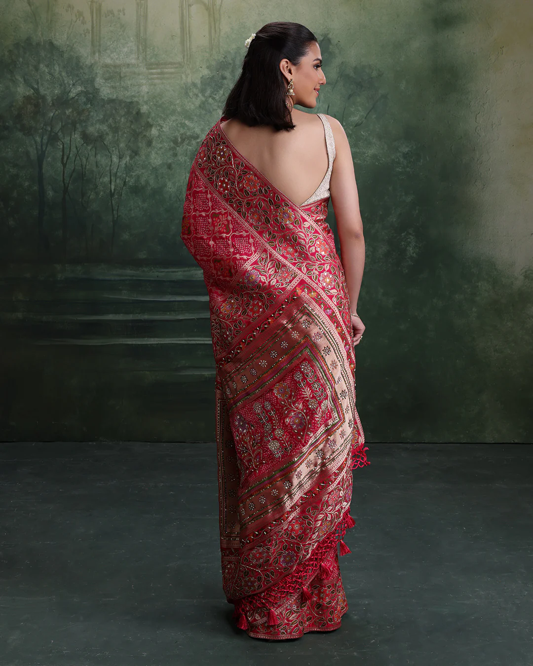 Rani Rangrez Bandhej With Woven Floral Festive Saree - Image 6