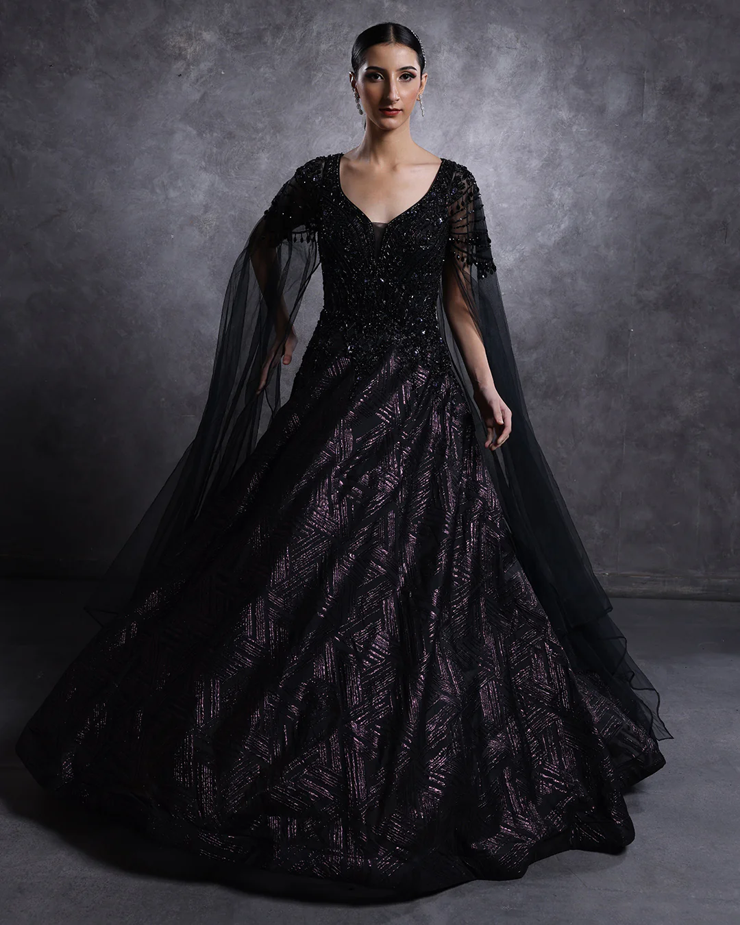 Raven Black And Purple Mist Embellished Cocktail Gown - Image 2