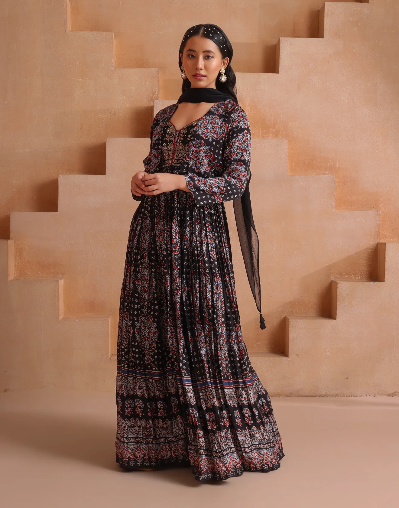 Raven Black With Multicolor Ethnic Printed Art Silk Anarkali Suit Set