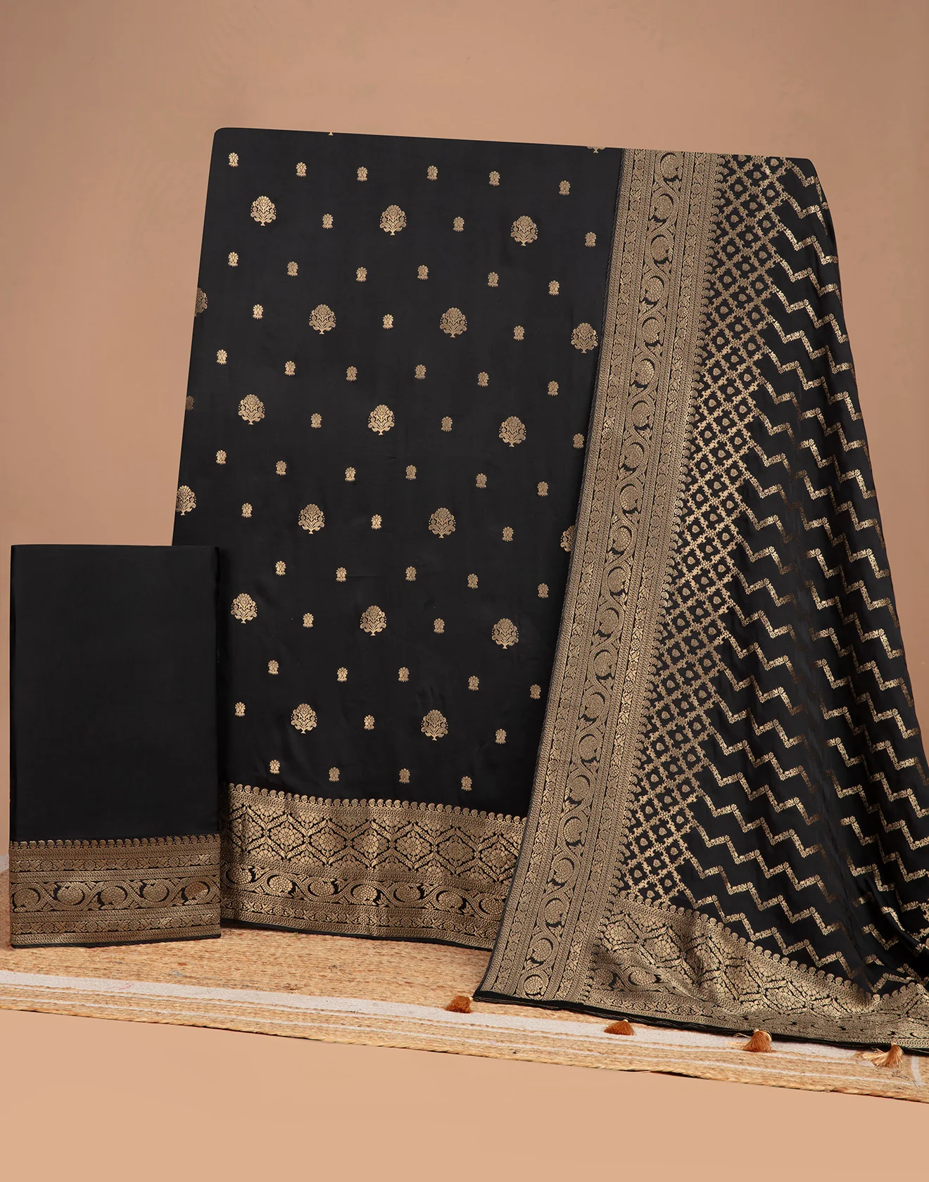 Raven Black With Zari Design Crepe Silk Unstitched Suit Set