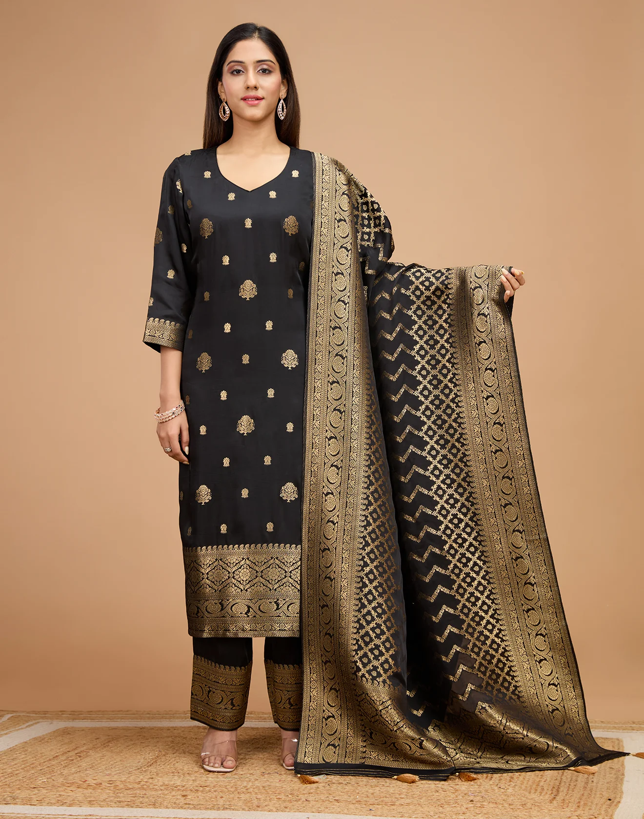 Raven Black With Zari Design Crepe Silk Unstitched Suit Set - Image 2