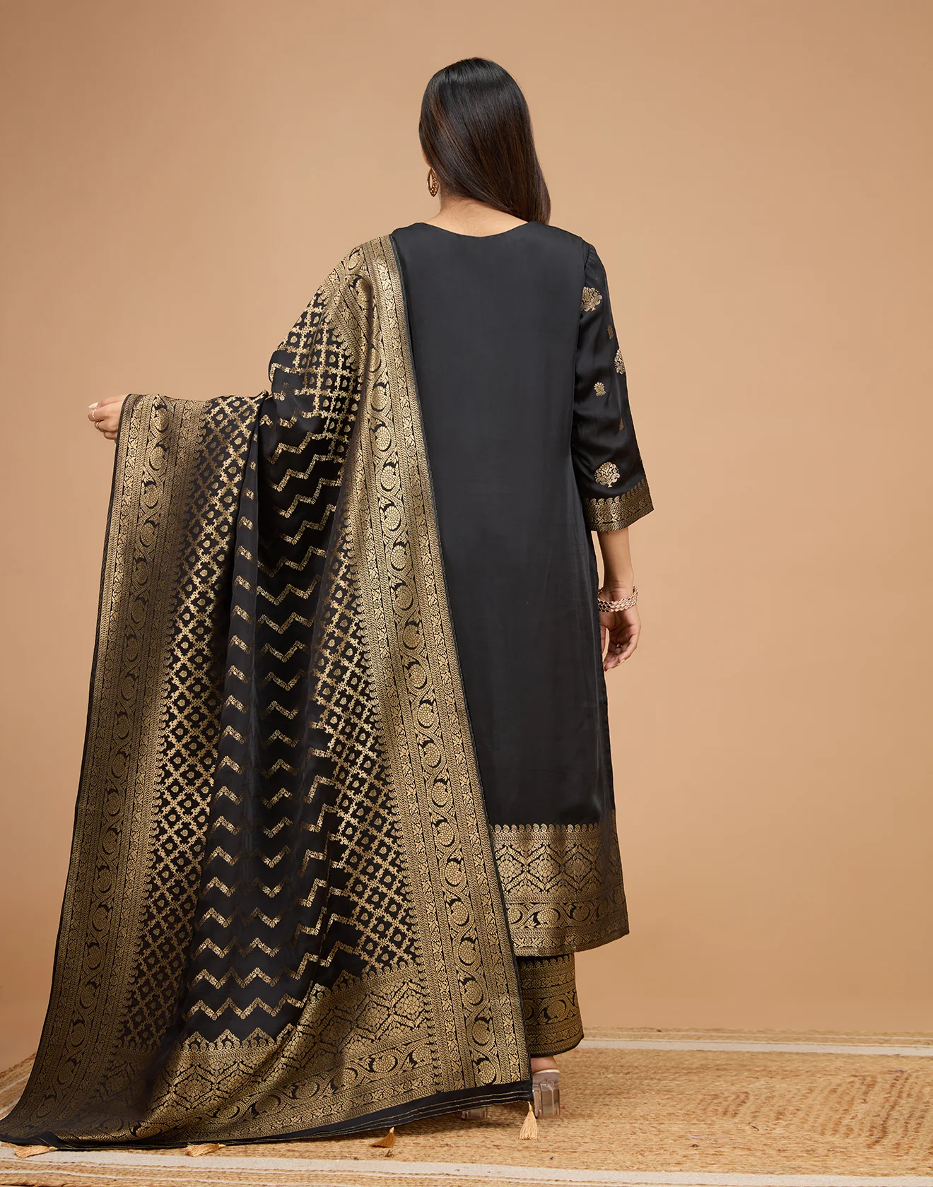 Raven Black With Zari Design Crepe Silk Unstitched Suit Set - Image 6