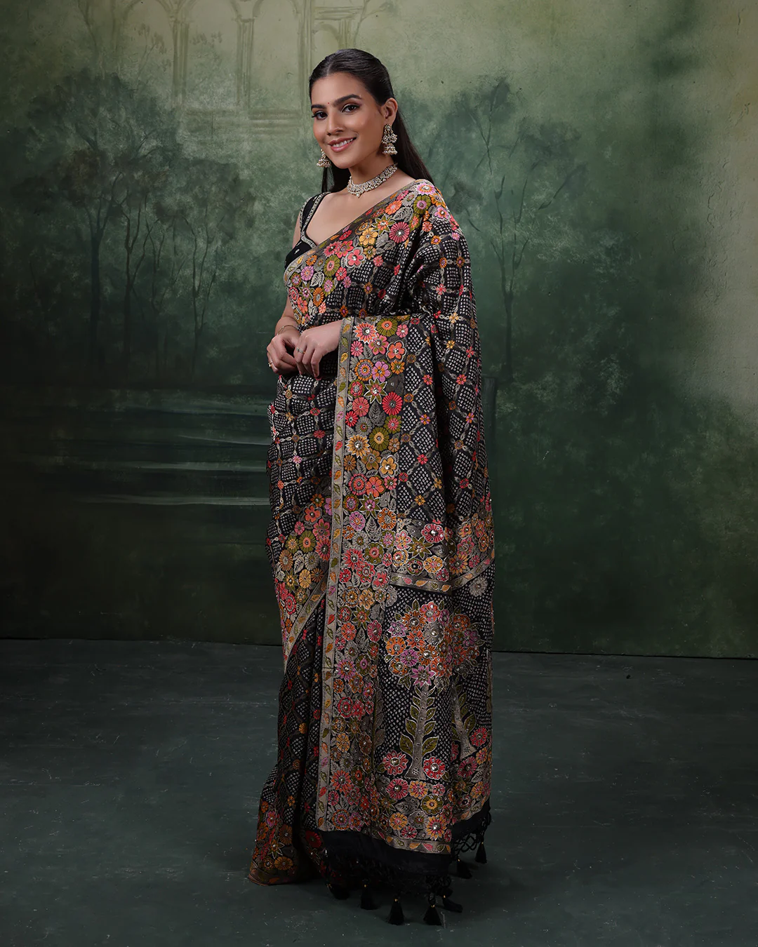 Raven Radiance Bandhej Silk Saree With Unstitched Blouse Fabric - Image 2
