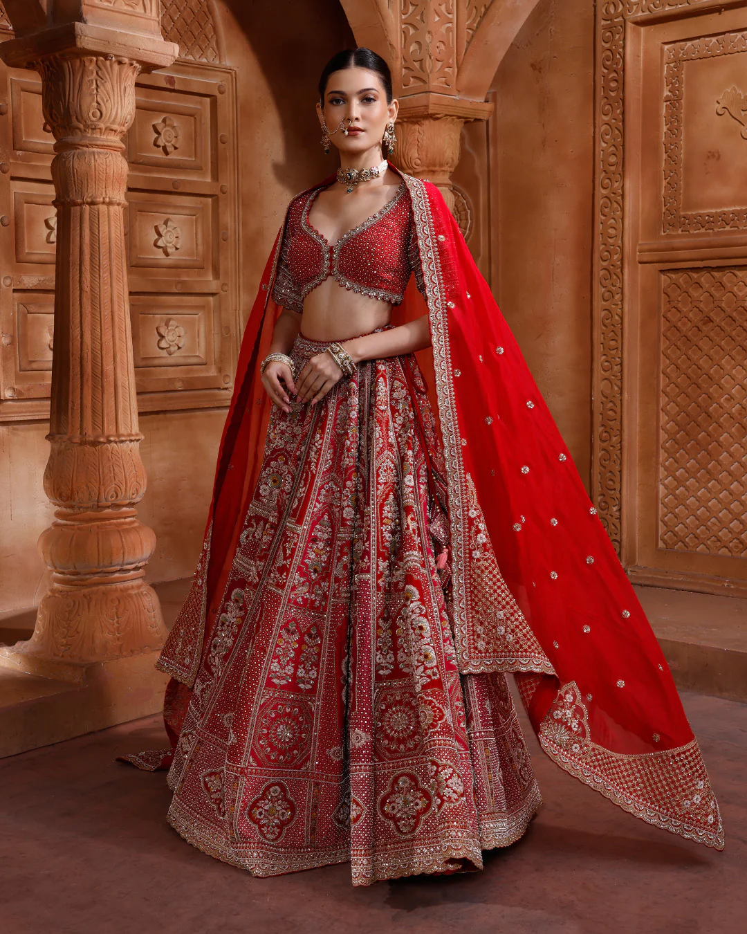 Red And Raani Embroidered Bridal Lehenga With Two Dupattas