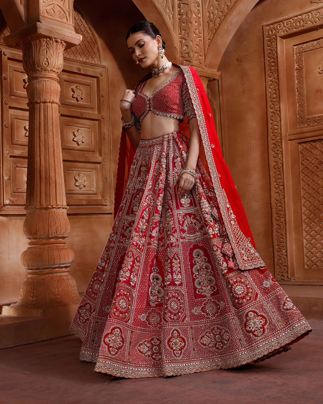 Red And Raani Embroidered Bridal Lehenga With Two Dupattas - Image 2