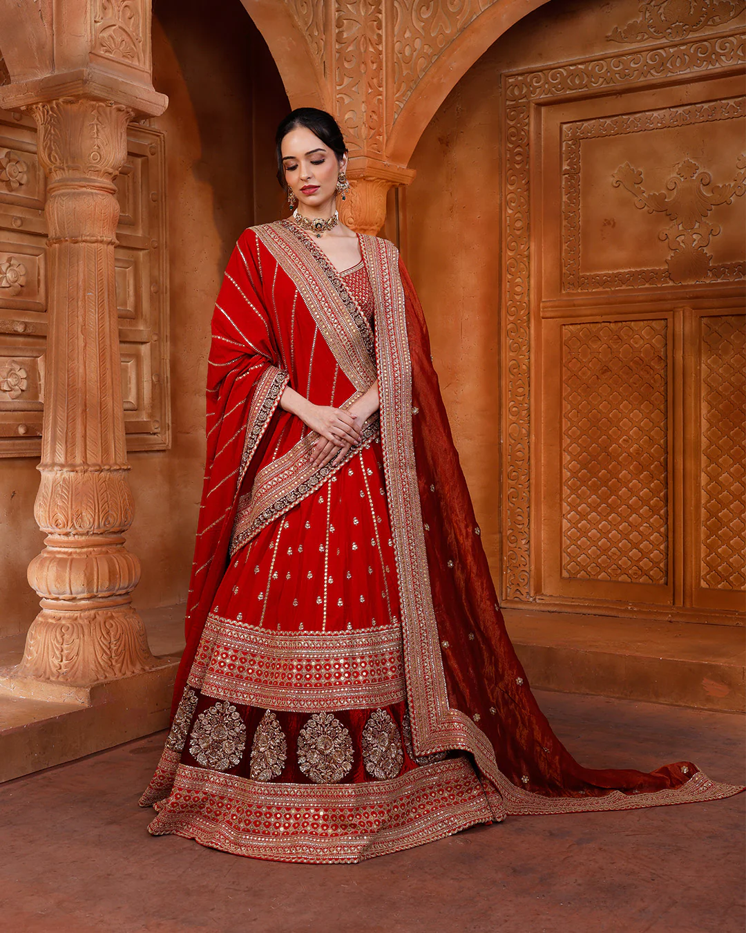 Red & Maroon Embroidered Classic Bridal Lehenga Set - Image 2