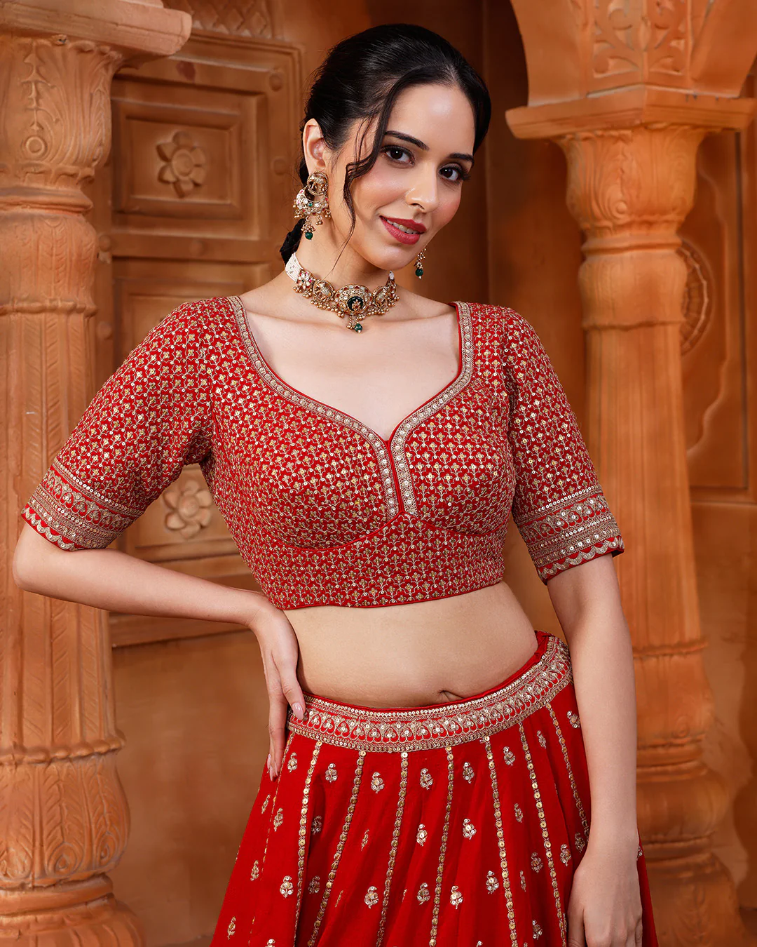 Red & Maroon Embroidered Classic Bridal Lehenga Set - Image 3