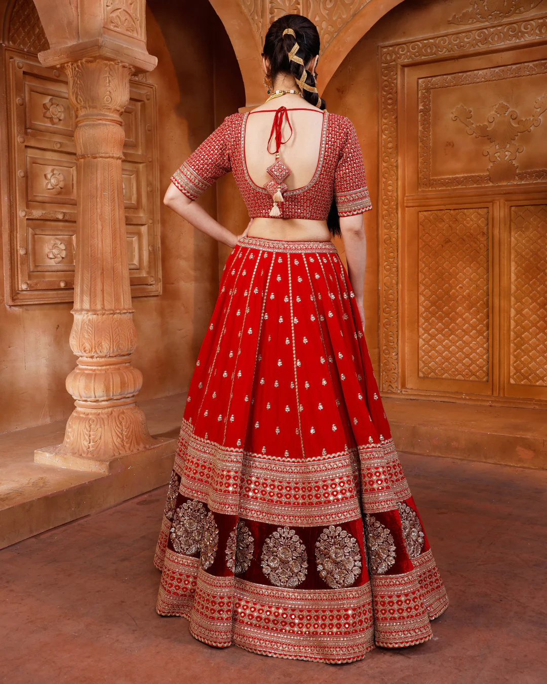 Red & Maroon Embroidered Classic Bridal Lehenga Set - Image 4