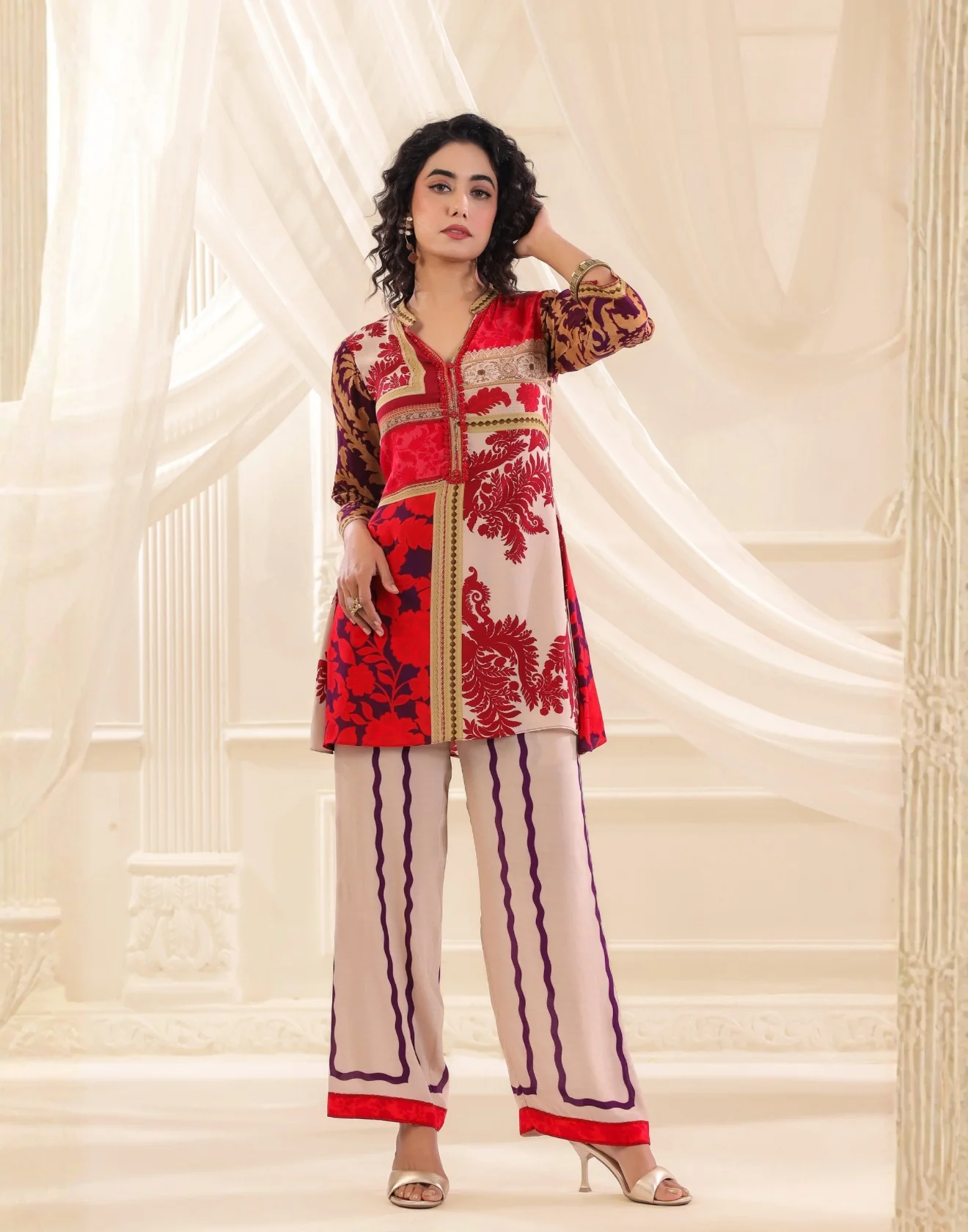 Red & Taupe Printed Crepe Co-Ord Set