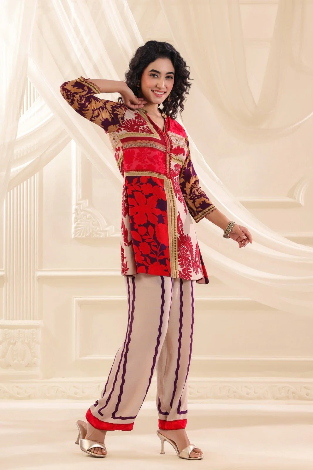 Red & Taupe Printed Crepe Co-Ord Set - Image 3