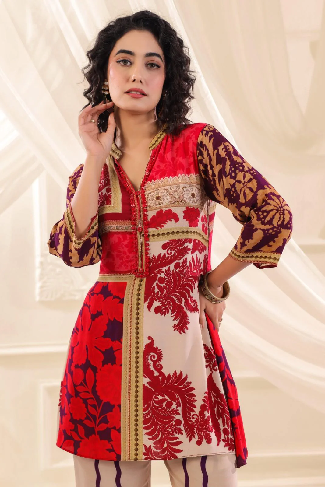 Red & Taupe Printed Crepe Co-Ord Set - Image 5