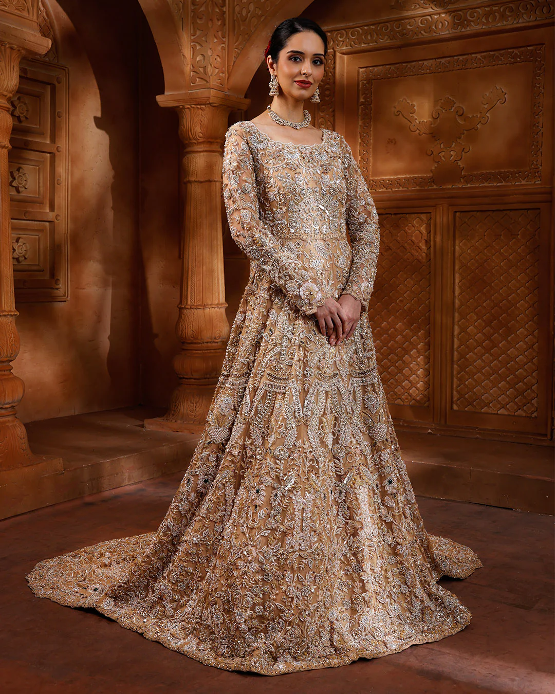 Regal Aureate Embellished Bridal Gown With Trail - Image 2