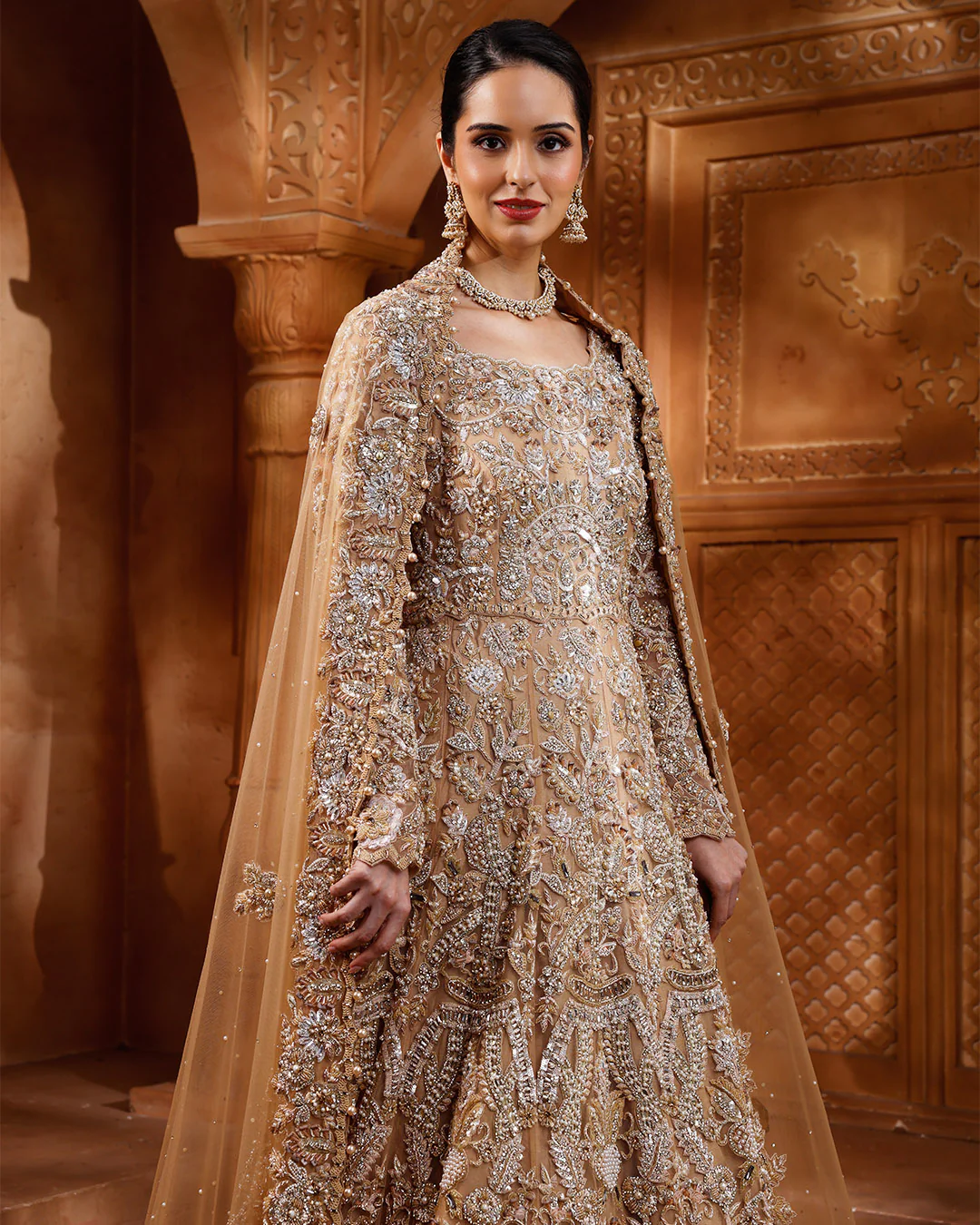 Regal Aureate Embellished Bridal Gown With Trail - Image 3