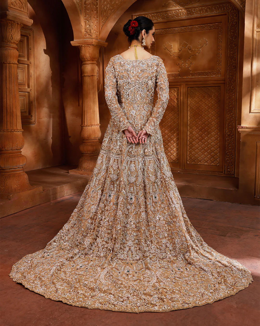 Regal Aureate Embellished Bridal Gown With Trail - Image 4