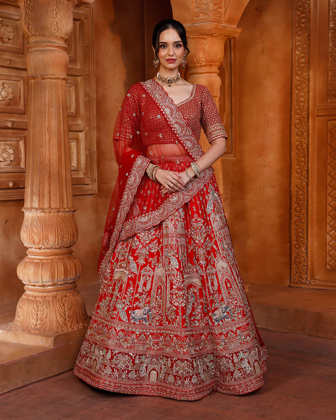 Regal Red Bridal Lehenga With Majestic Peacock & Jharokha Motifs - Image 2