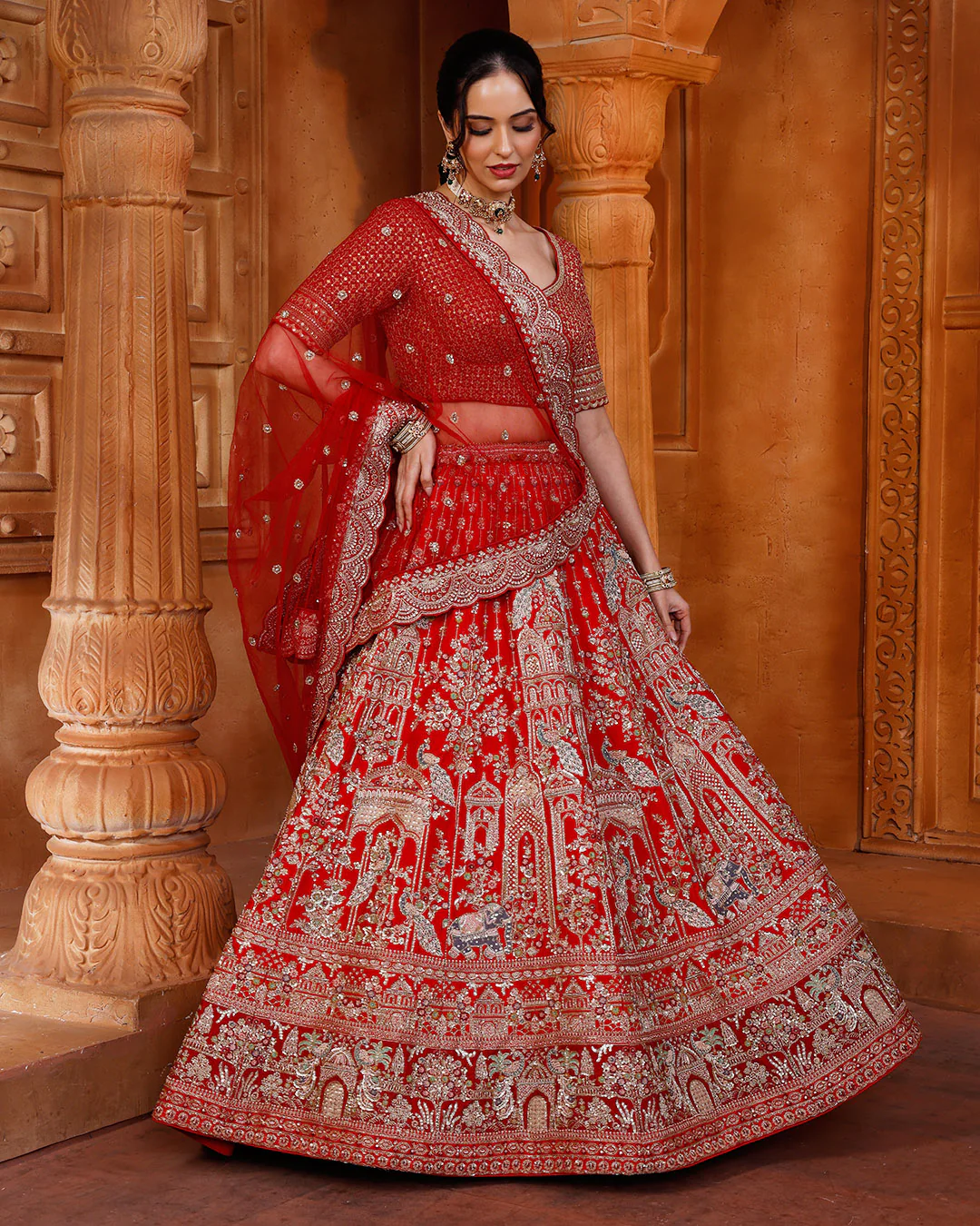 Regal Red Bridal Lehenga With Majestic Peacock & Jharokha Motifs - Image 3