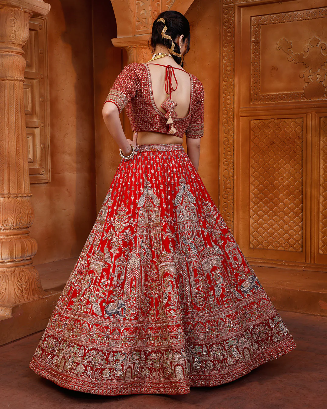 Regal Red Bridal Lehenga With Majestic Peacock & Jharokha Motifs - Image 4