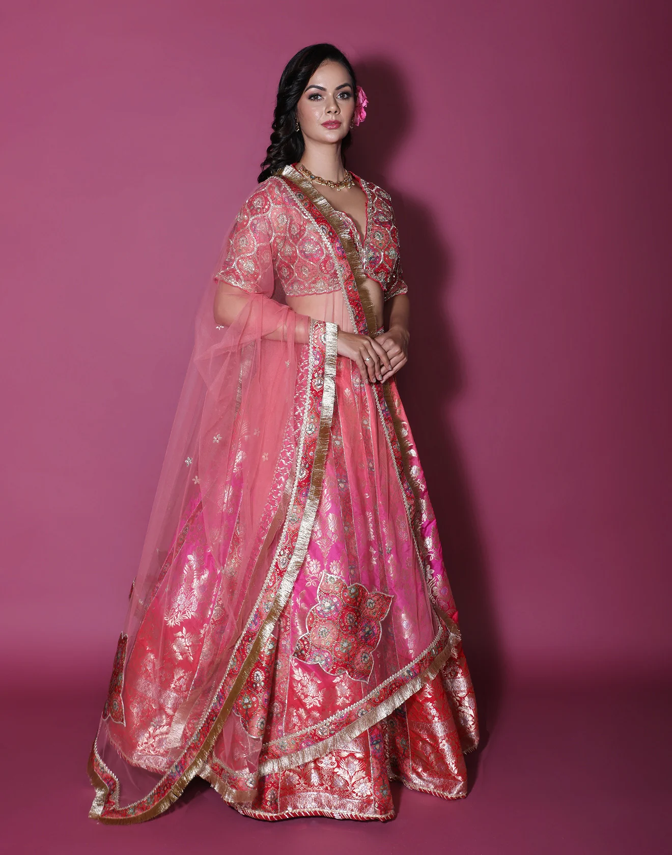 Rose Bloom Brocade Silk Lehenga Set