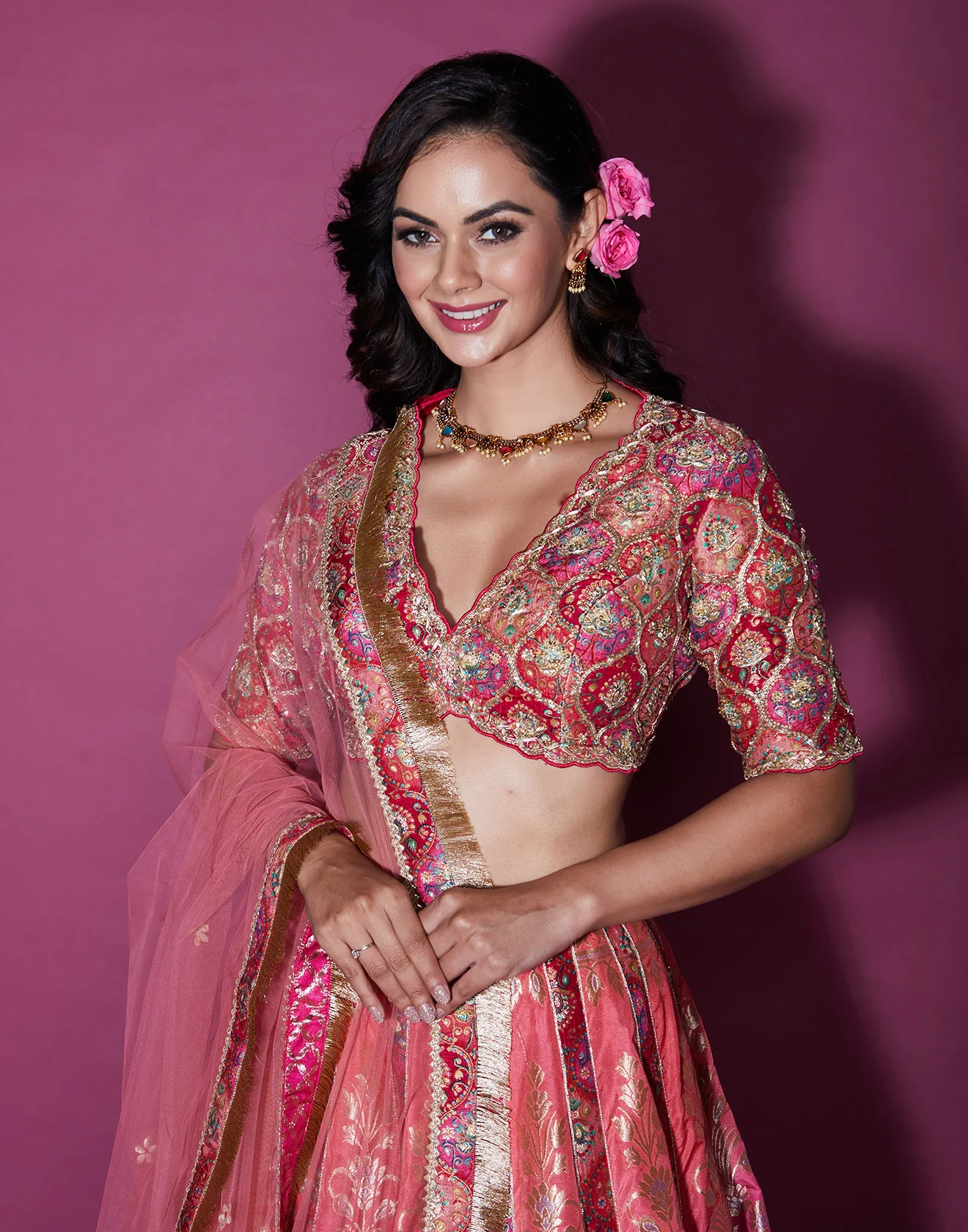 Rose Bloom Brocade Silk Lehenga Set - Image 2