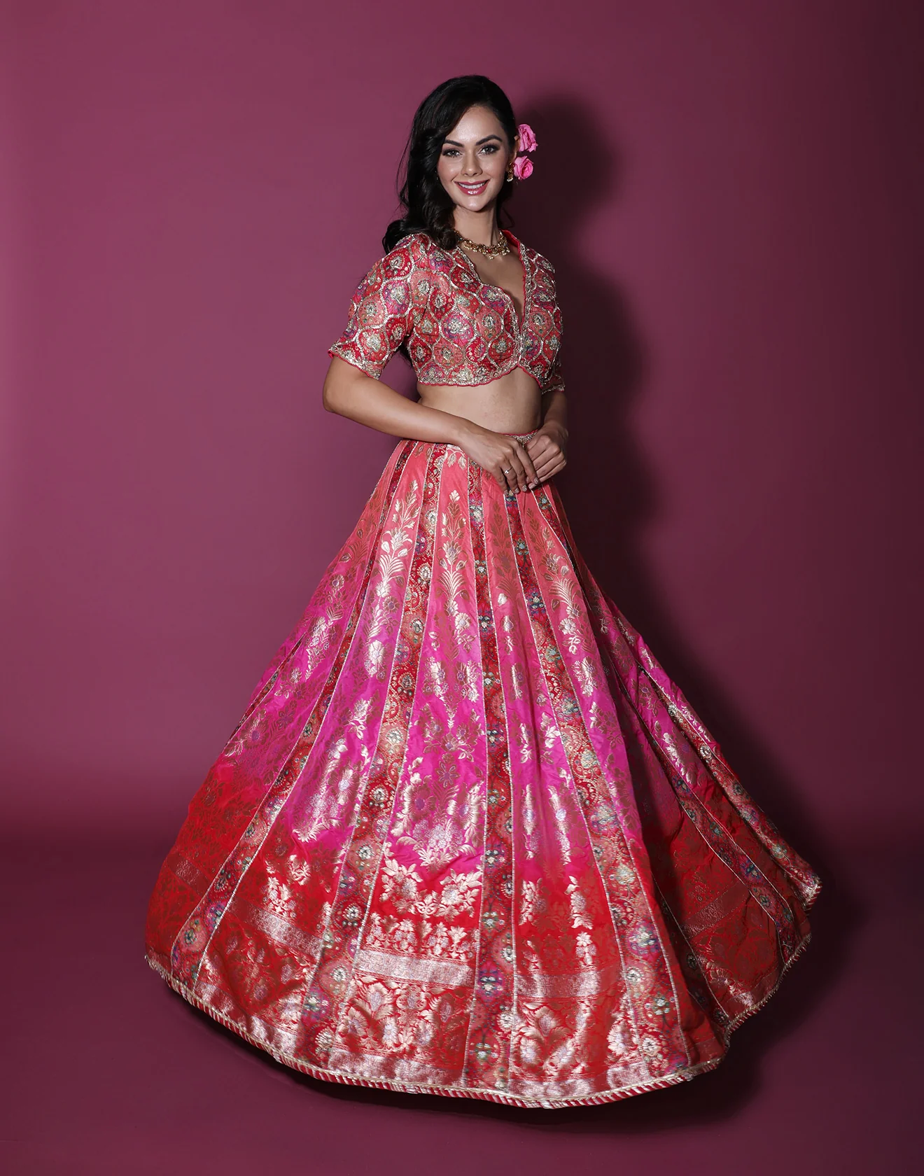 Rose Bloom Brocade Silk Lehenga Set - Image 4