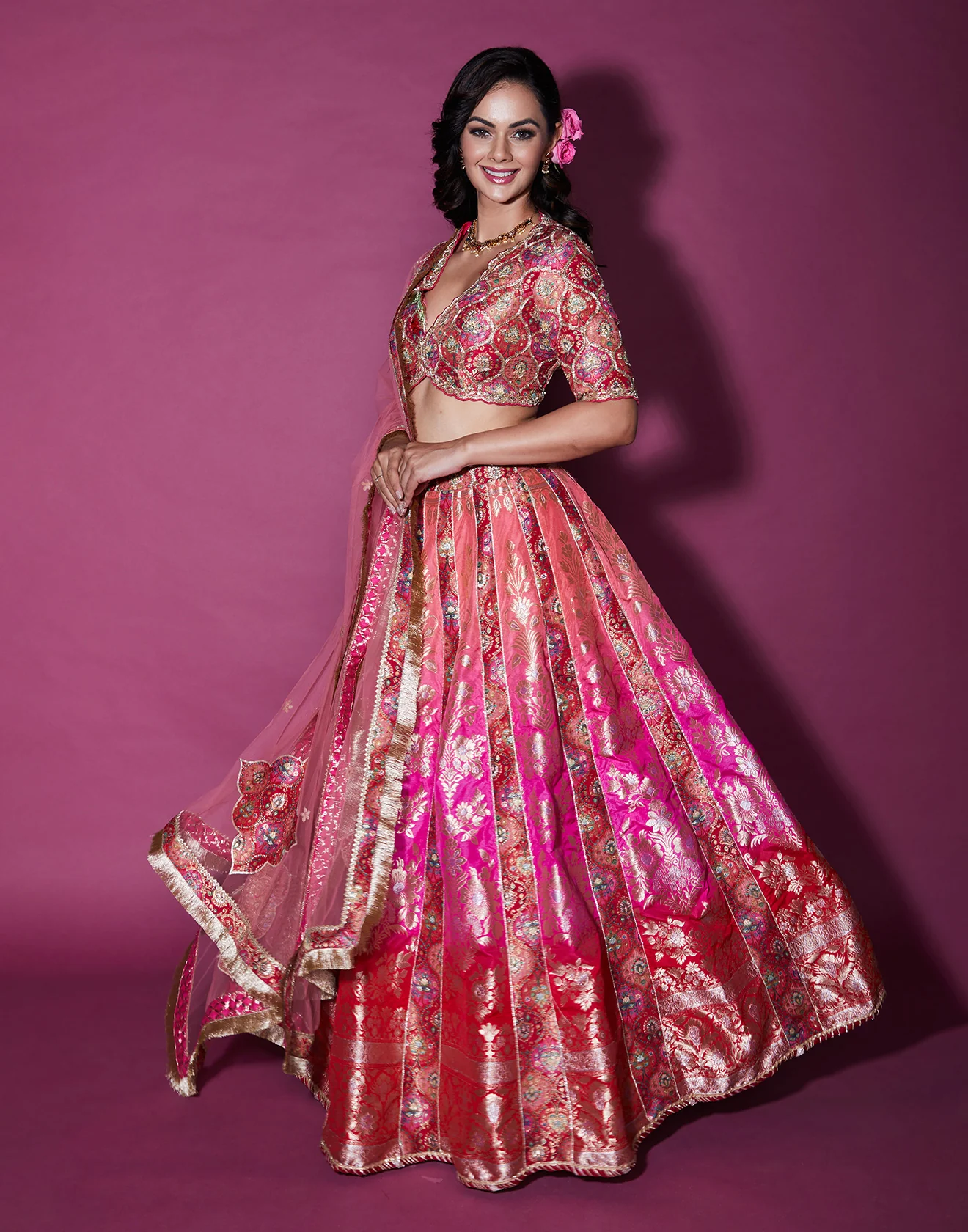 Rose Bloom Brocade Silk Lehenga Set - Image 5