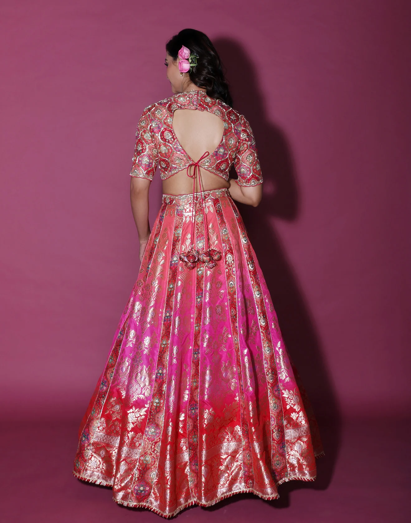 Rose Bloom Brocade Silk Lehenga Set - Image 6